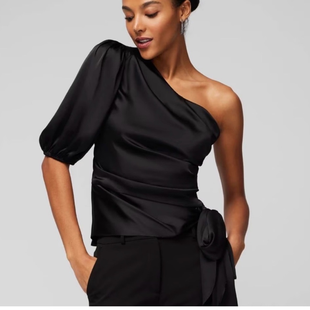 White House Black Market blouse One-Shoulder shirt sz 2 Tie waist EUC
